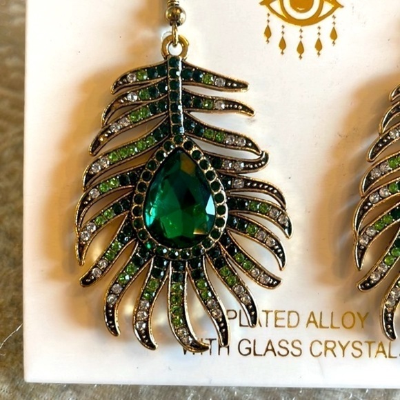 Brand New Eye Candy Crystal Peacock Feather Drop Earrings Green Sparkly - Picture 4 of 12